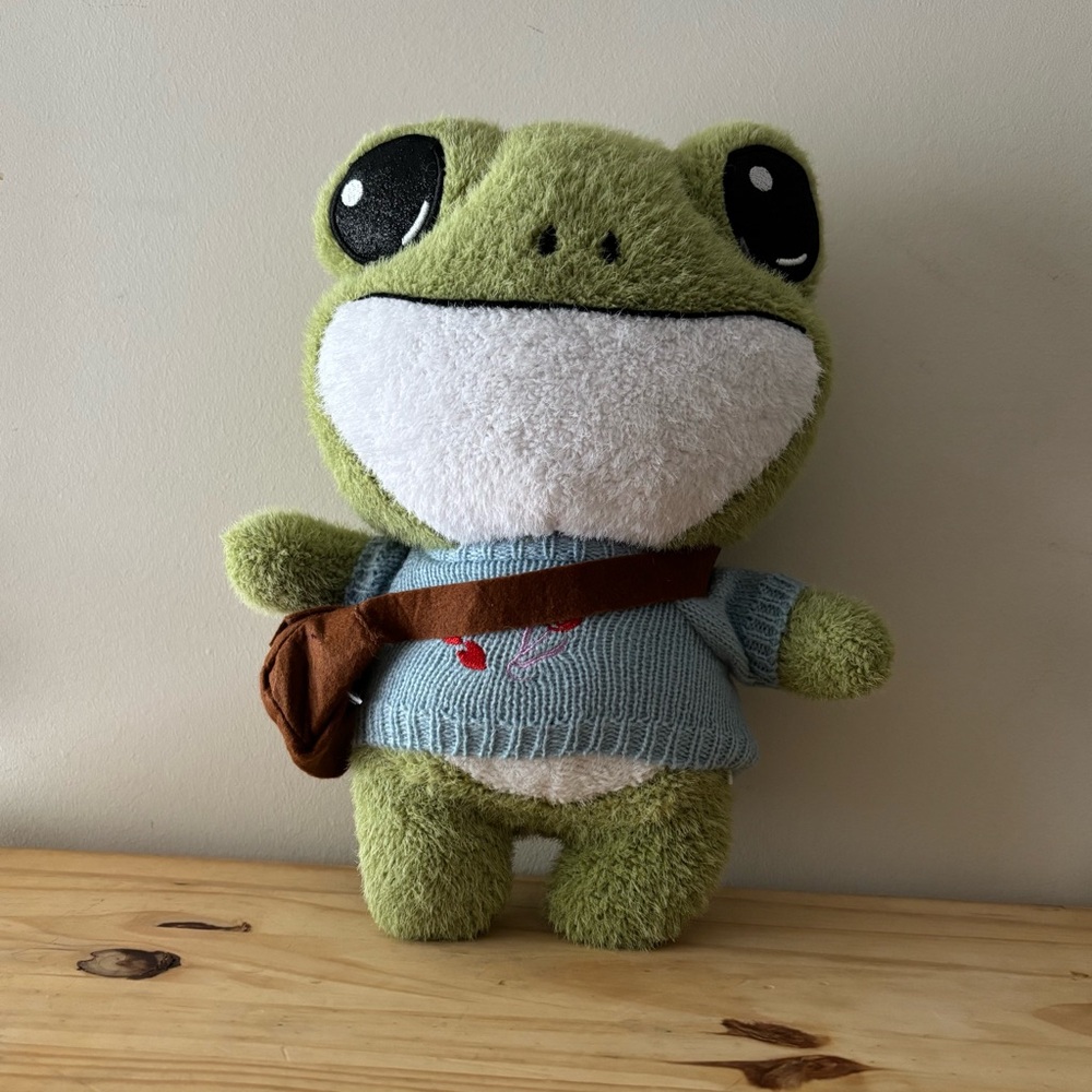 Green Frog Plush Toy with Brown Bag